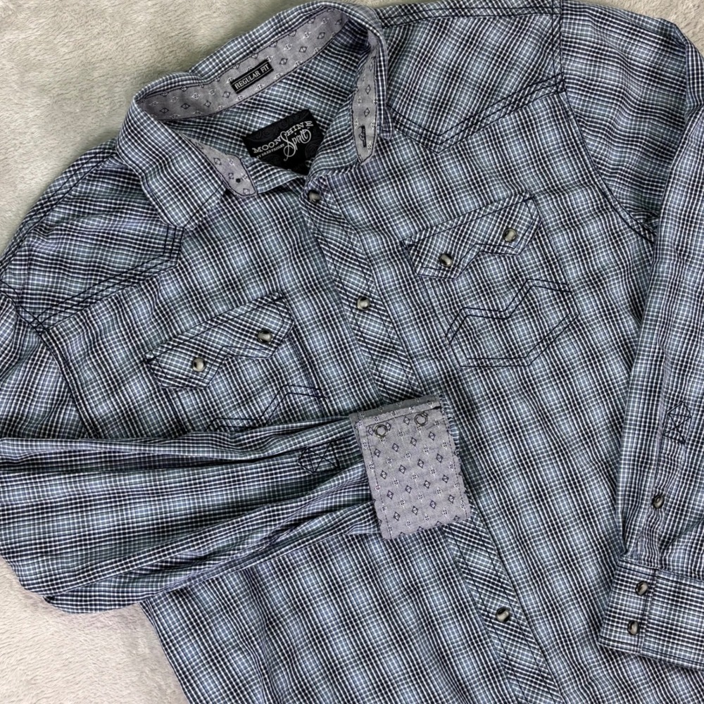 Moonshine Spirit by Brad Paisley Men's Western Plaid Snap Shirt Large Blue Check